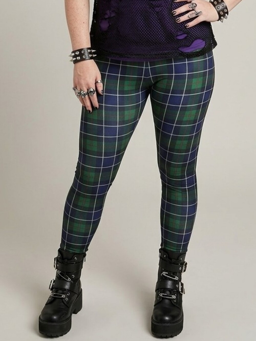 Poprageous Blue & Green Great Scott Leggings Size XL, Punk, Plaid, Tartan